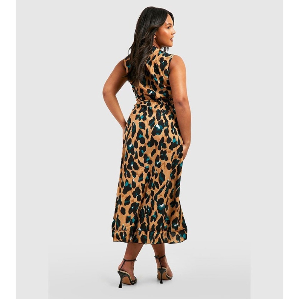 NWT Boohoo Plus‎ Wrap Leopard Ruffle Hi Low Midi Dress Size 24 - Picture 2 of 8